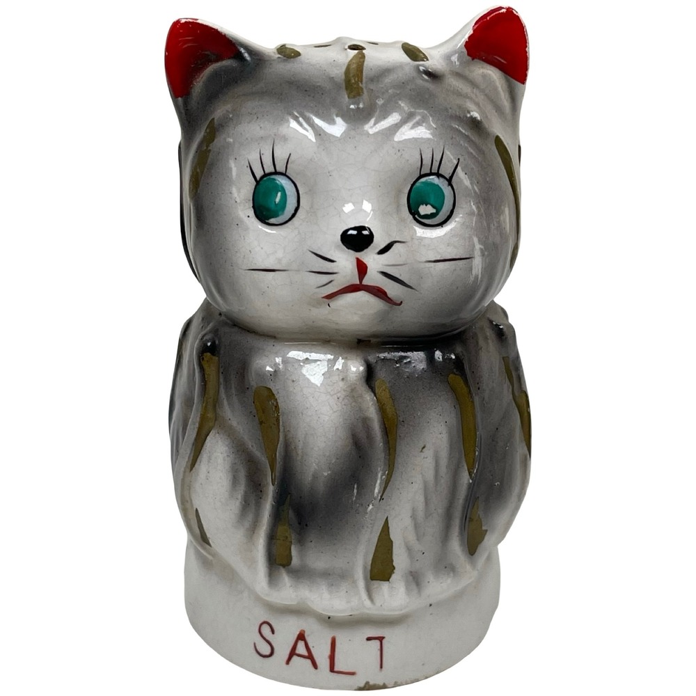 Tilso‎ Vintage Cat Salt Shaker Grey Hand Painted Ceramic Japan Kitsch Decor